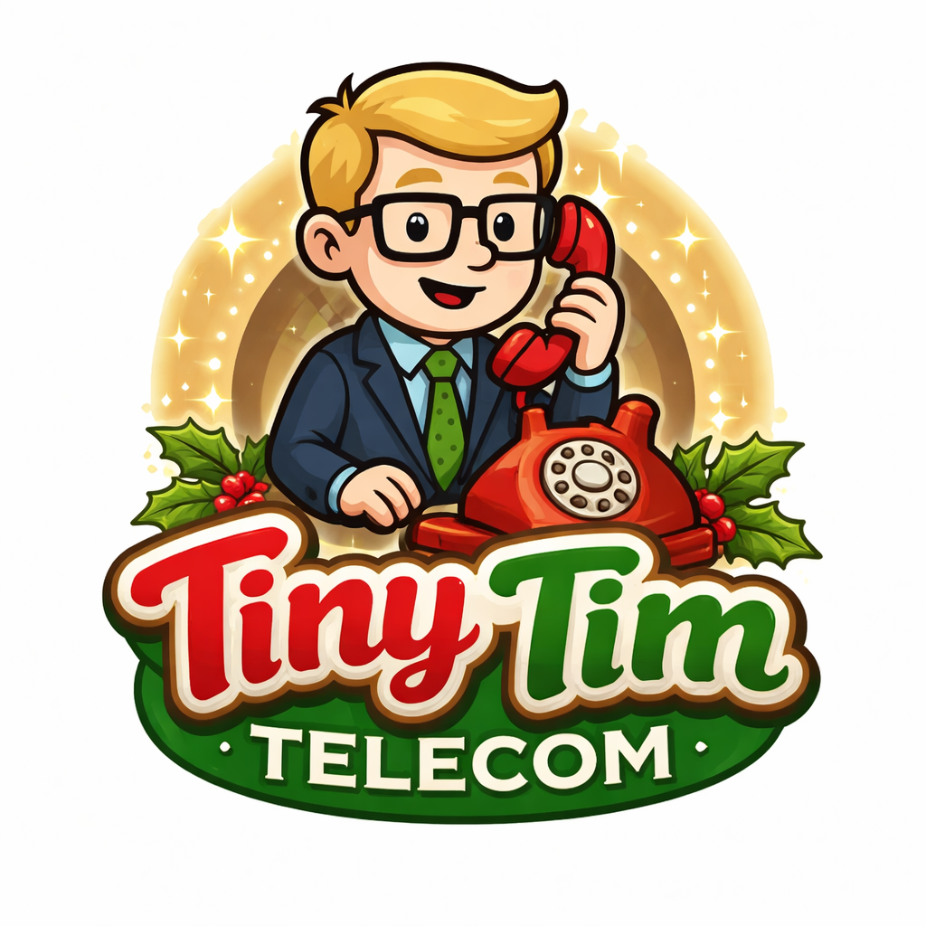 Tiny Tim smiling with a red telephone, surrounded by Christmas greenery